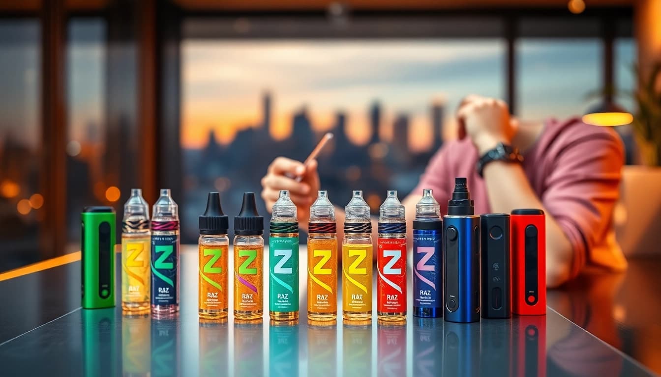Indulging in raz flavors with colorful vape devices elegantly arranged on a table.