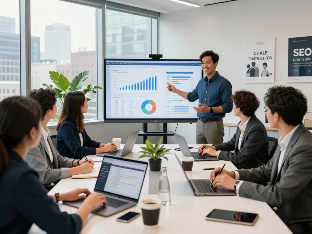 SEO Company in NYC team collaborating on digital marketing strategies in a modern office