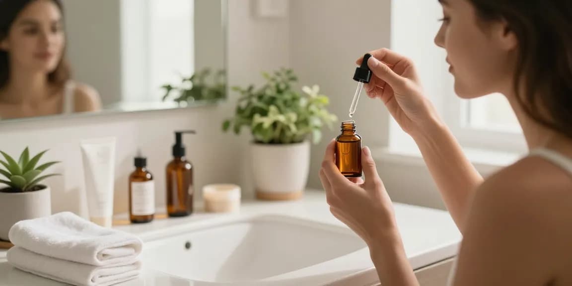 Aplicarea serului facial într-o baie luminoasă cu produse de îngrijire a pielii.