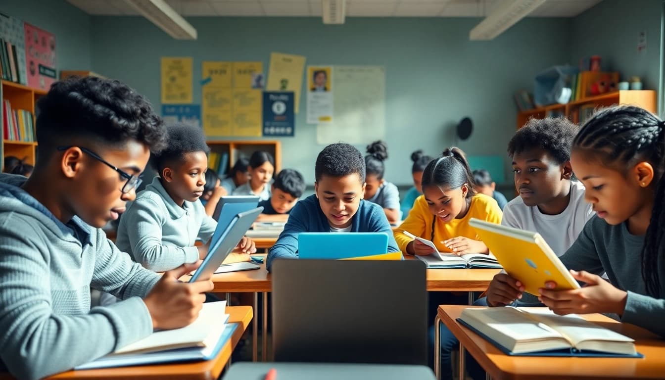 Dynamic classroom scene showcasing education innovation and collaboration among diverse students.