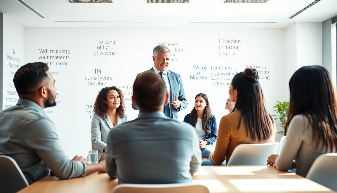 Leadership coach guiding clients through an engaging discussion in a professional setting.