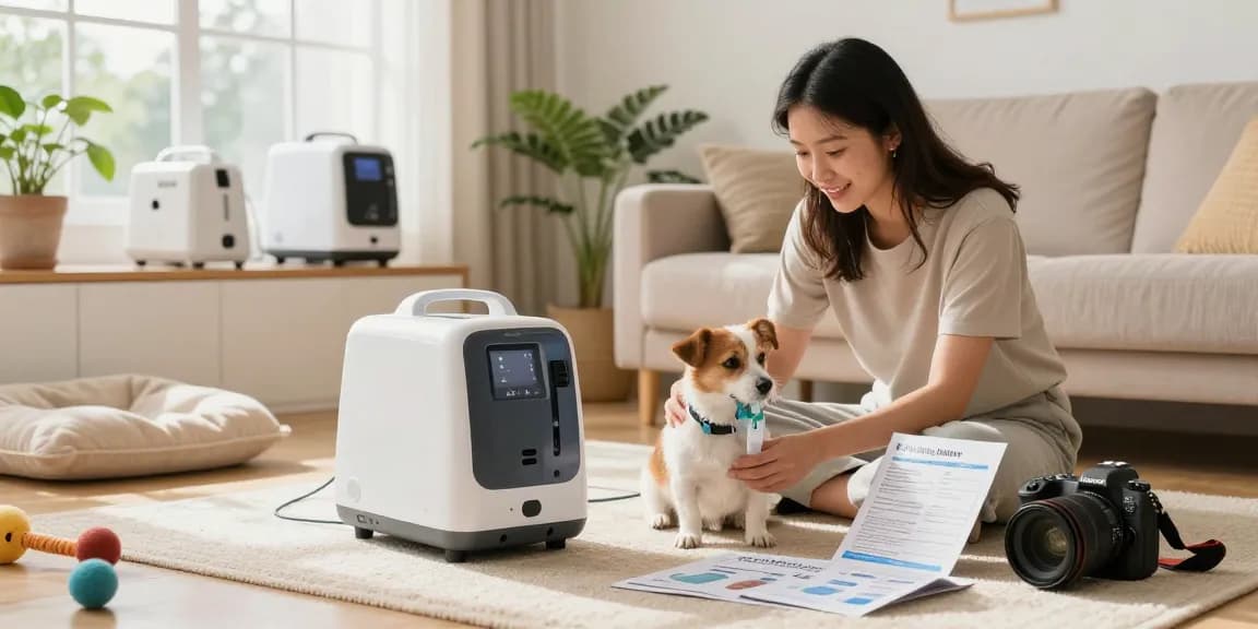 Pricing Pet Oxygen Machine showcased in a cozy home with a caring pet owner, highlighting its user-friendly features.