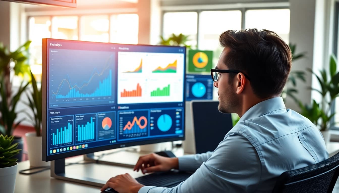 Analyze SEO performance metrics with vibrant analytics dashboard and modern office setup.