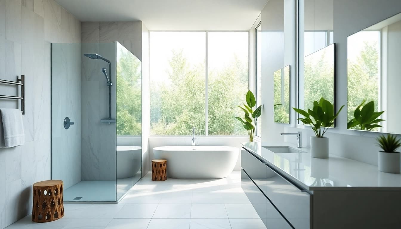 Elegant bathroom featuring sunney shower doors that offer a modern aesthetic and natural lighting.