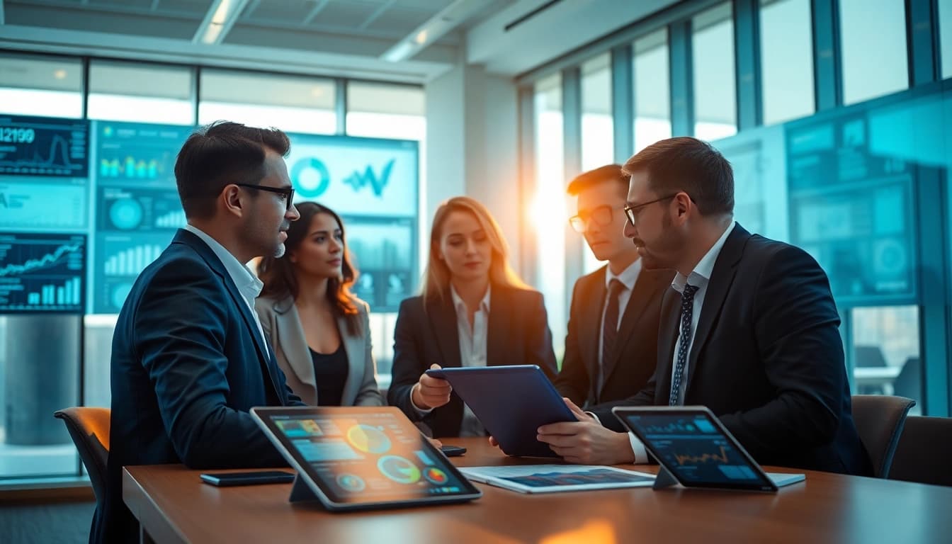 Engaging professionals using AI for competitor analysis to gain strategic insights in a modern office.