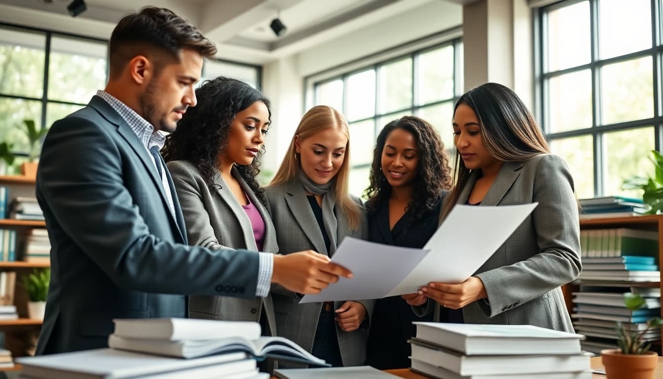 Environmental law firm team engaged in collaboration and legal consultation in a modern office.