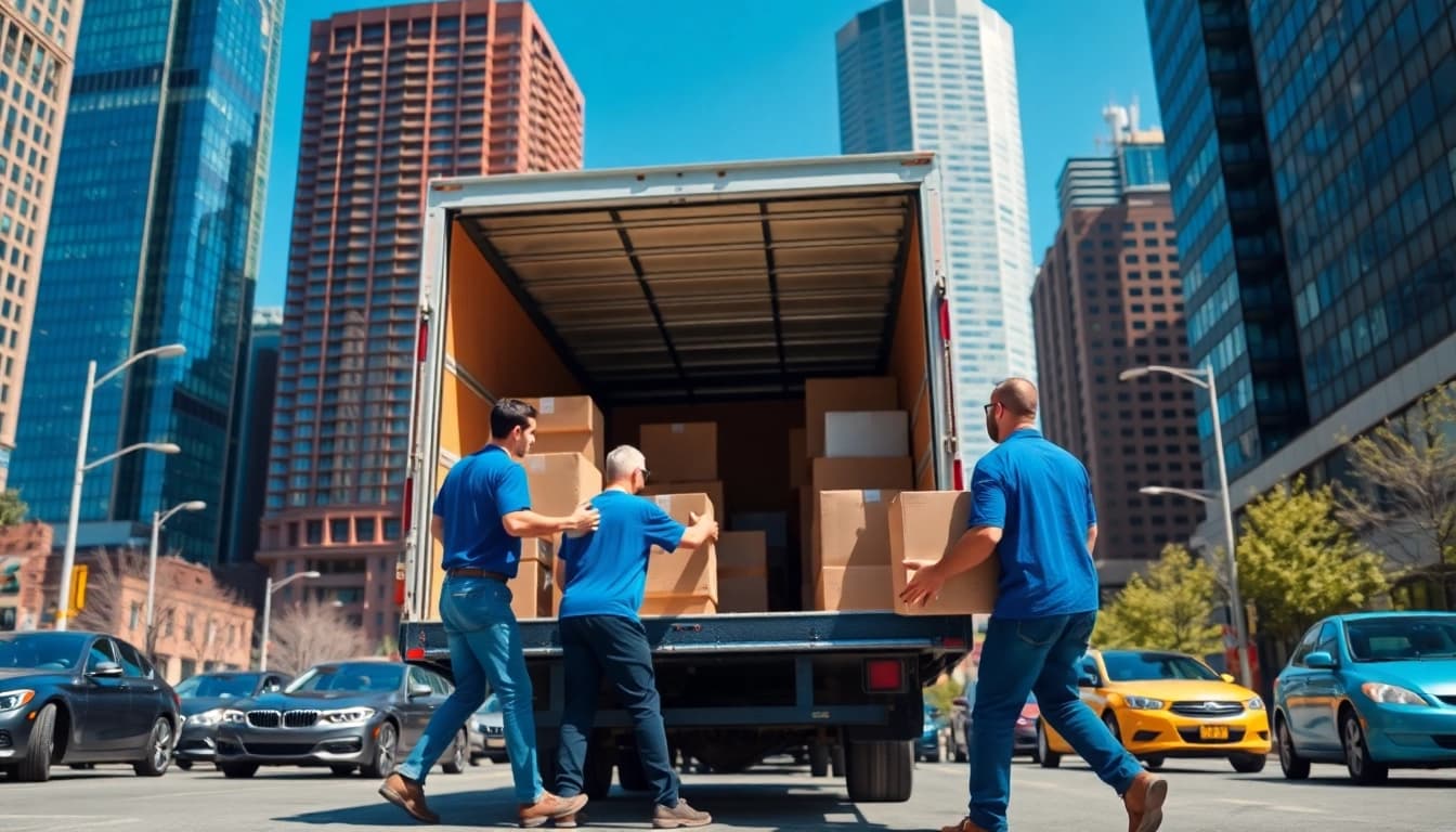Toronto movers loading items into a truck in a bustling urban Toronto setting.