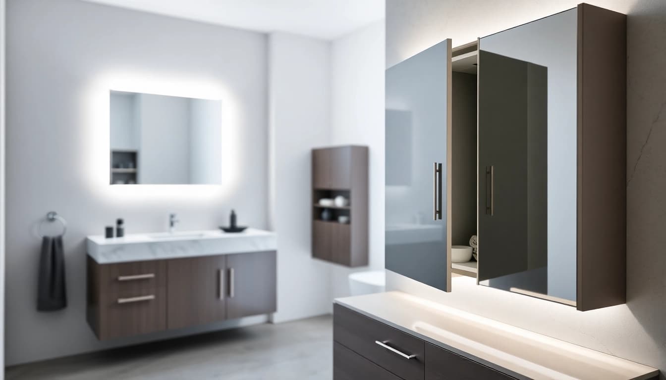 Sonni Spiegelschrank in modernem Badezimmer mit elegantem Design und Beleuchtung präsentieren.