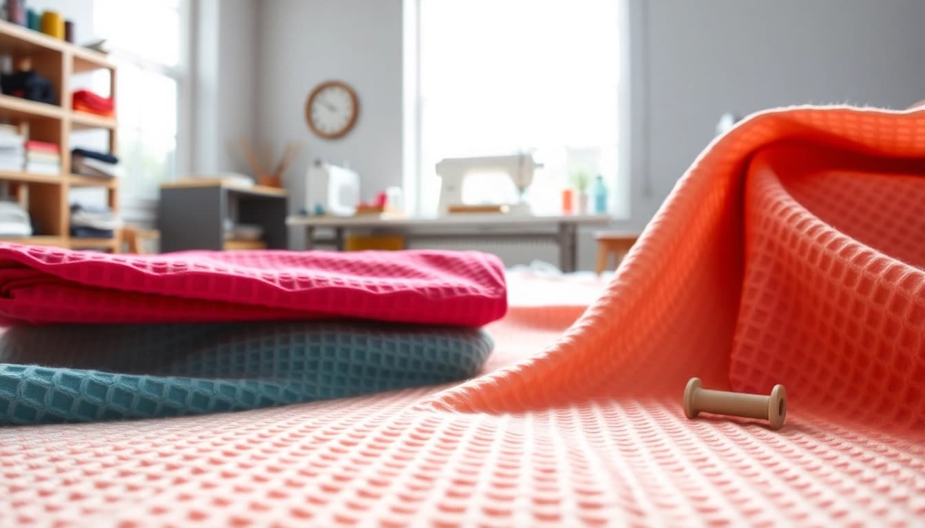 Wafeldoek met levendige kleuren en textuur in een naaiatelier met natuurlijk licht.