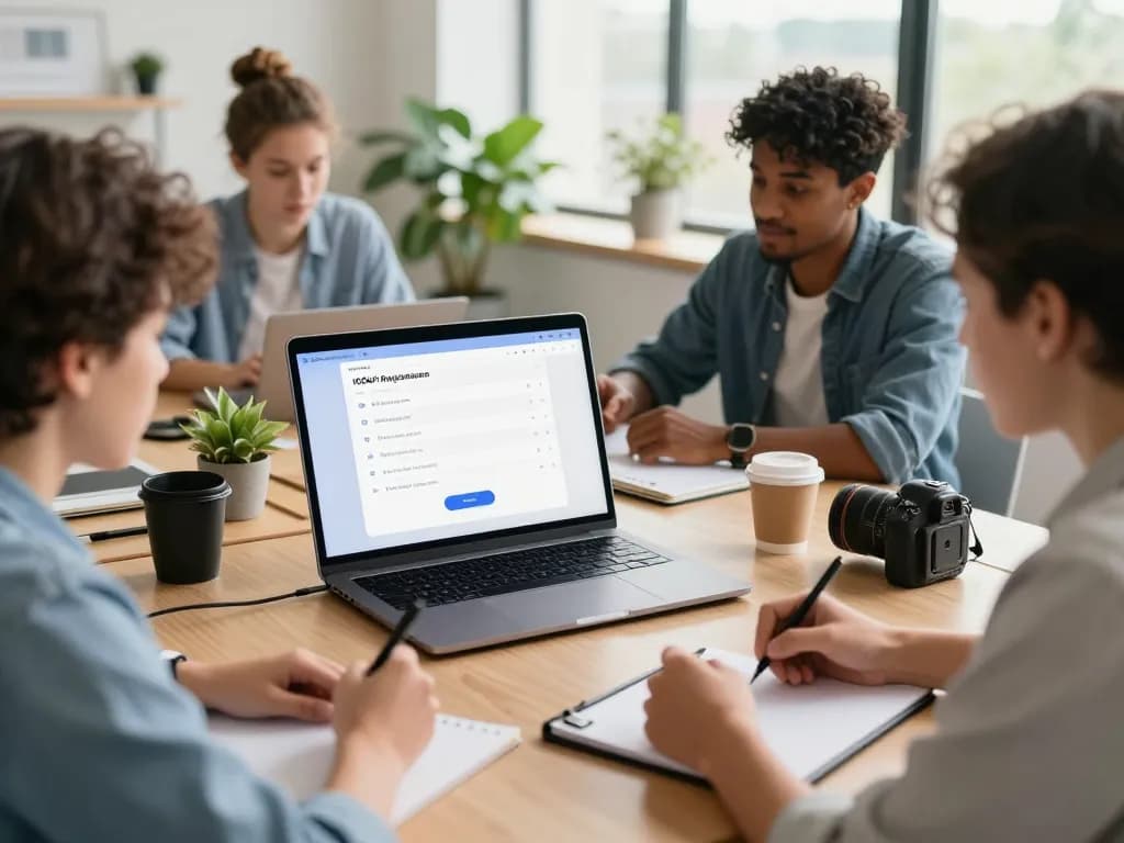 Engaging team collaboration on IODeFi registration process over a sleek laptop in a bright coworking space.