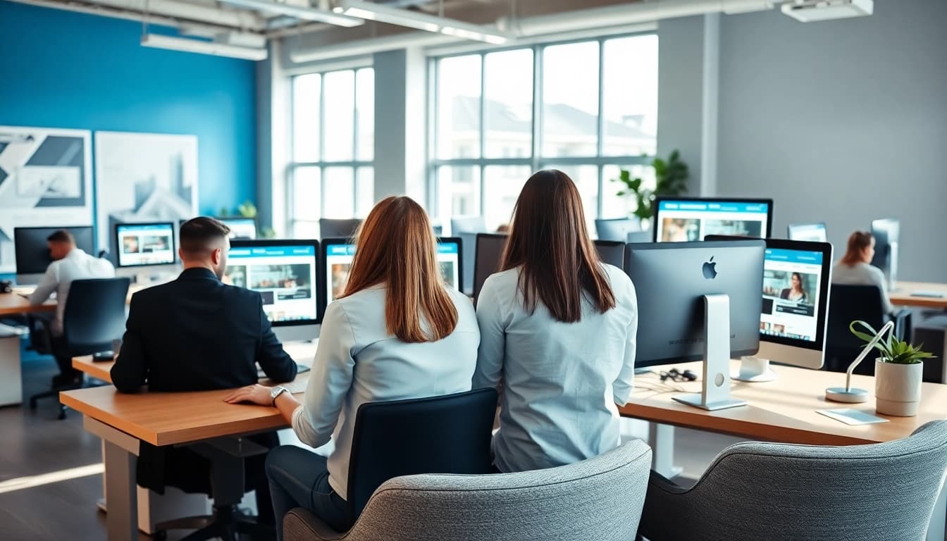 Website erstellen lassen durch kreatives Team in modernem Büro mit Website-Mockups.