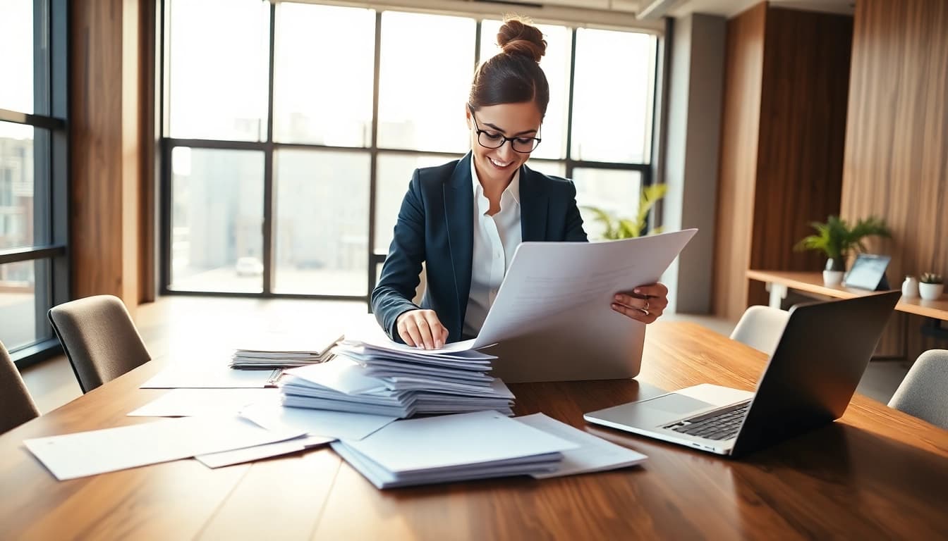 Streamlining Contract Management with a dedicated businesswoman in a modern office.