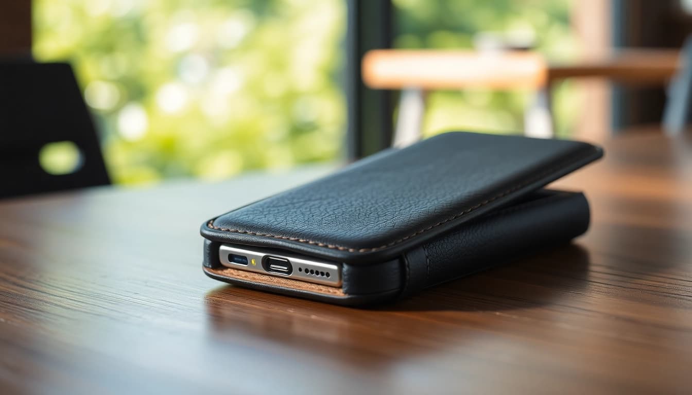 Präsentation einer Handytasche Magnetverschluss auf einem stilvollen Tisch.