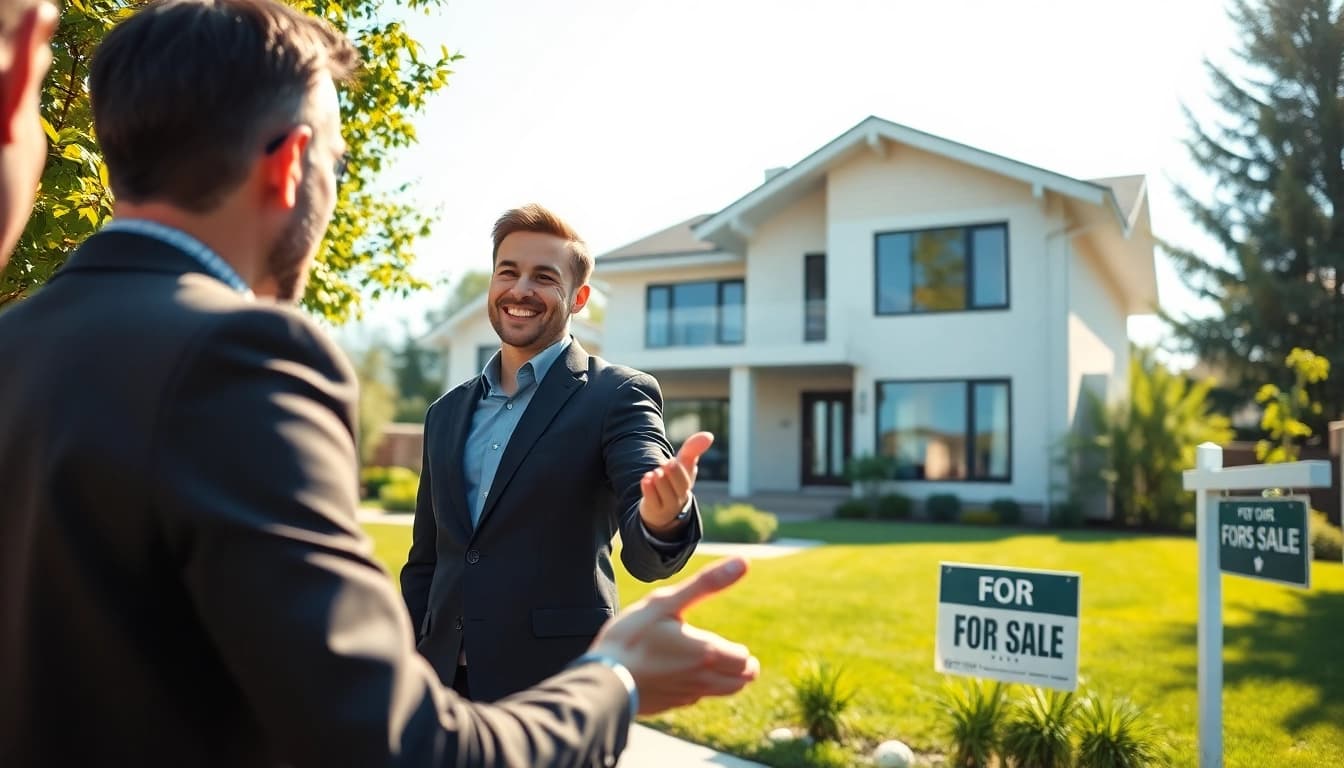 Showcase of real estate with agent interacting with buyers in a welcoming environment.
