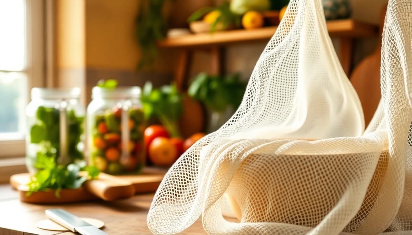 Kaasdoek stijlvol afgebeeld in een rustieke keuken, perfect voor culinaire creaties.