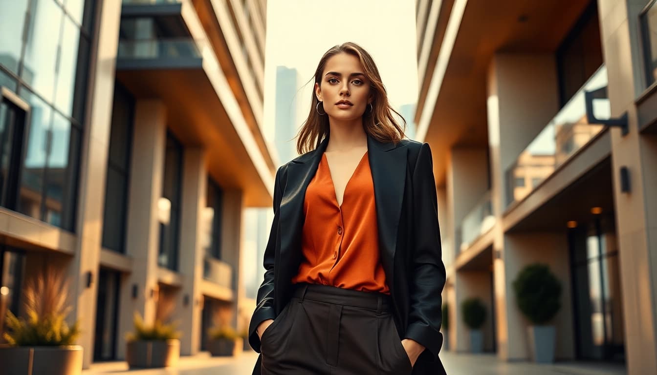 Showcase Rivelle fashion in an elegant urban setting with a stylish model and luxurious details.