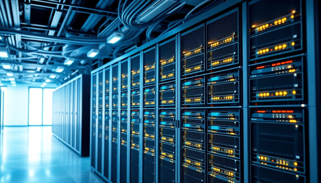 Visualize network infrastructure components in a high-tech data center setting.