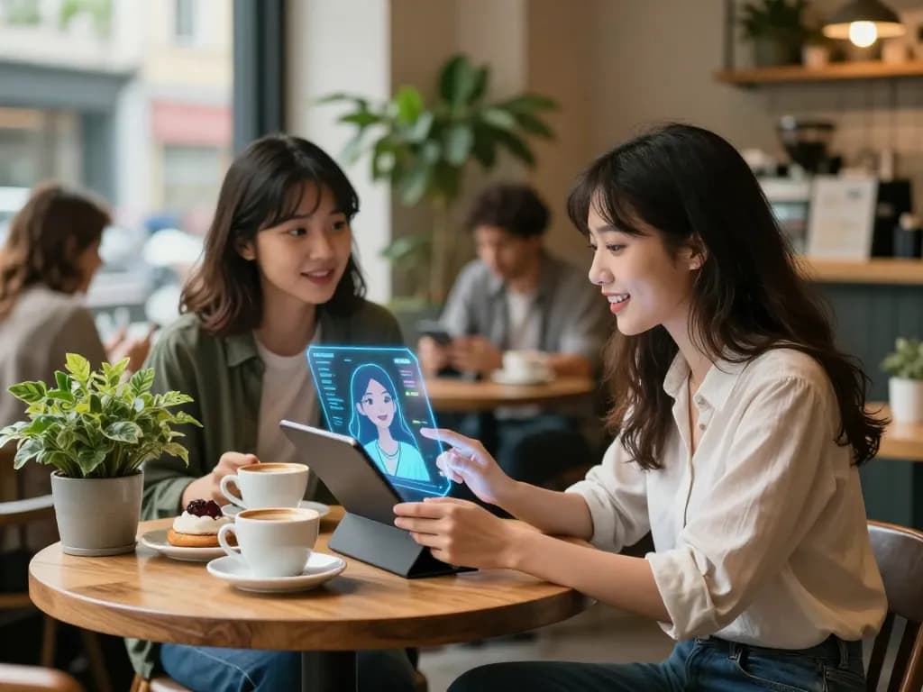 Young woman interacting with her AI girlfriend in a coffee shop, showcasing modern companionship.