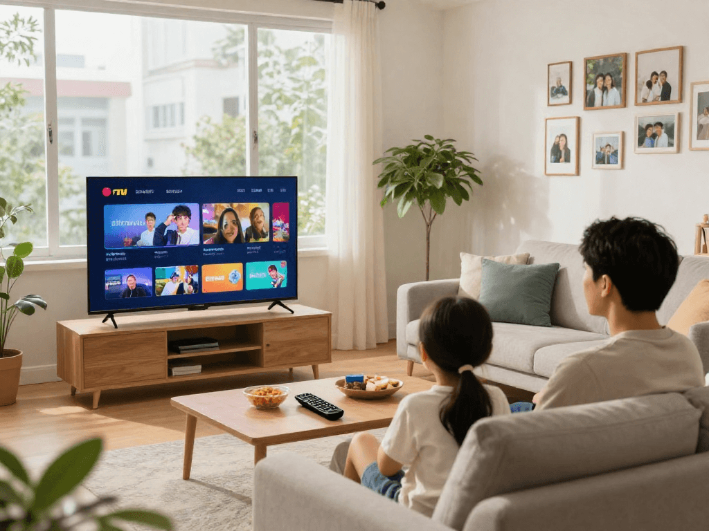 Family enjoying Premium IPTV providers in a cozy living room