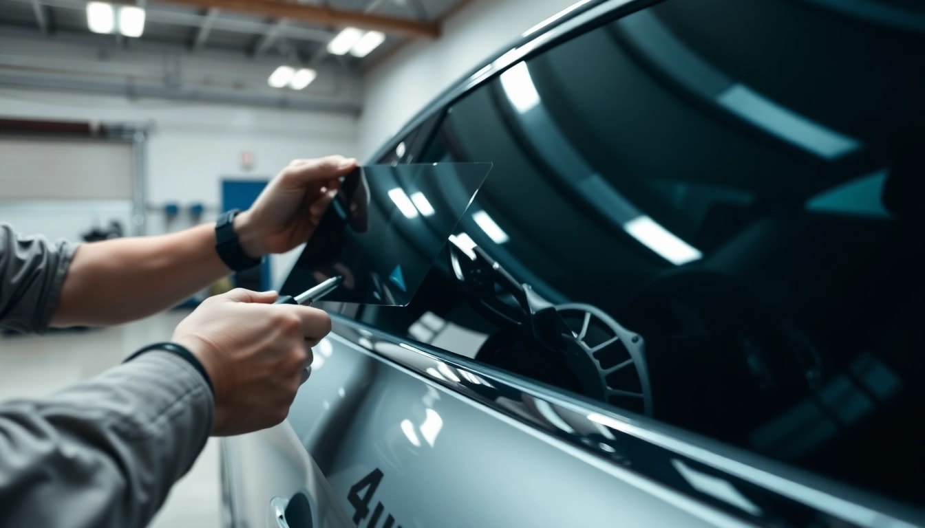 Apply auto window tint near me during professional installation in a modern garage.