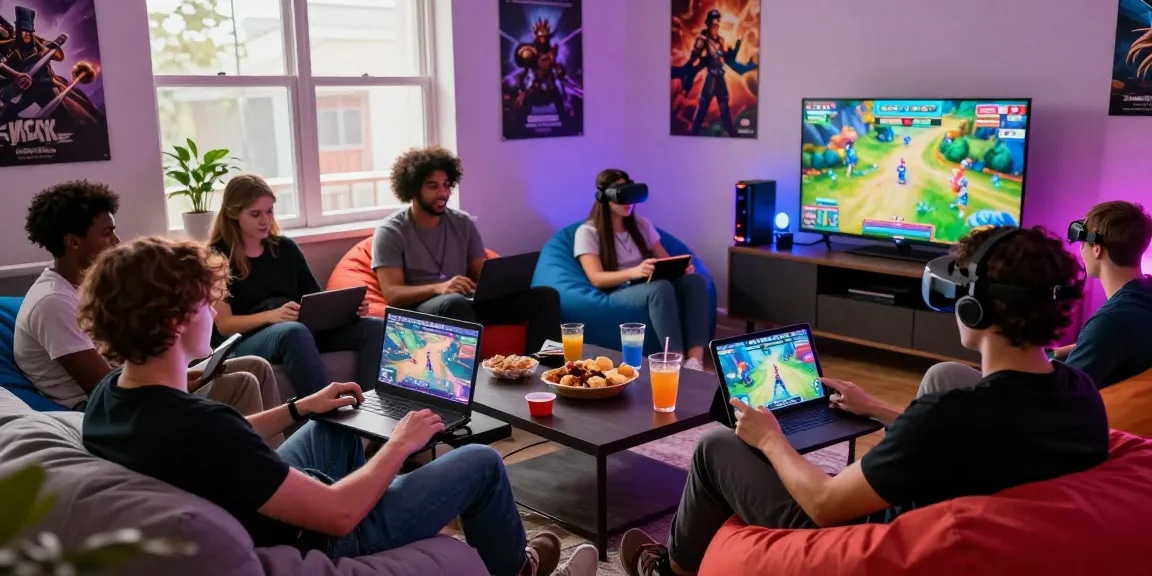 Diverse group enjoying xxx games in a cozy gaming room with LED lights and various devices