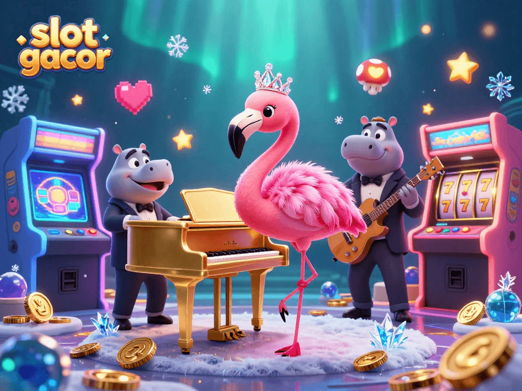 A vibrant scene showcasing "slot gacor" with a flamingo singer and hippo bassist in a lively casino atmosphere