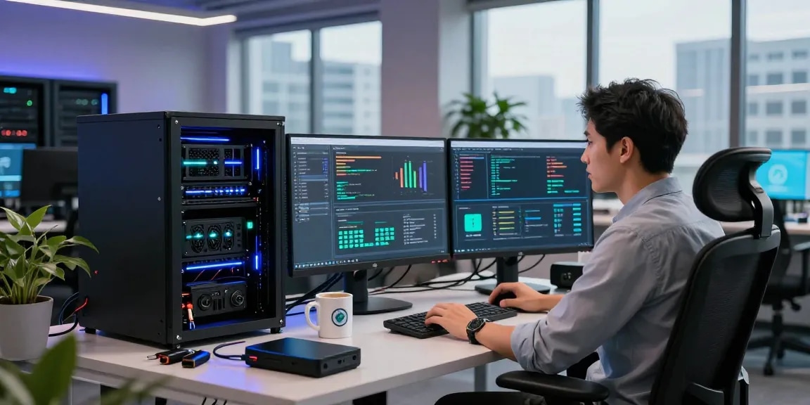 Configuring servidores VPS in a high-tech workspace with multiple monitors and server management tools.