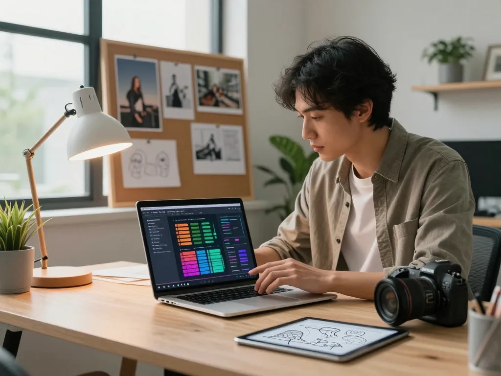 Generate image to prompt in a modern AI workspace, showcasing a professional analyzing visuals on a laptop.