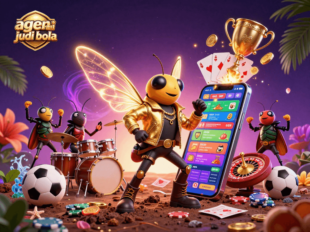 Experience the thrill of sports betting with agen resmi judi bola in a dynamic 3D illustrated scene featuring exciting game elements.