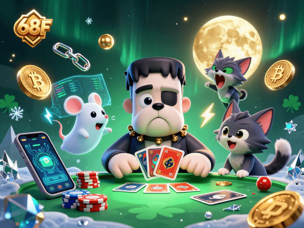 O gráfico 68F mostra um bulldog Frankenstein jogando cartas com um gato lobo em um cenário de cassino assustador.