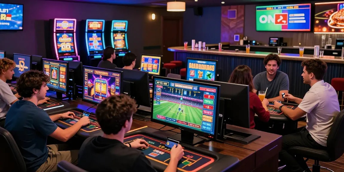 Engaging scene of players at online casinos that accept credit cards, enjoying various games and vibrant atmosphere.