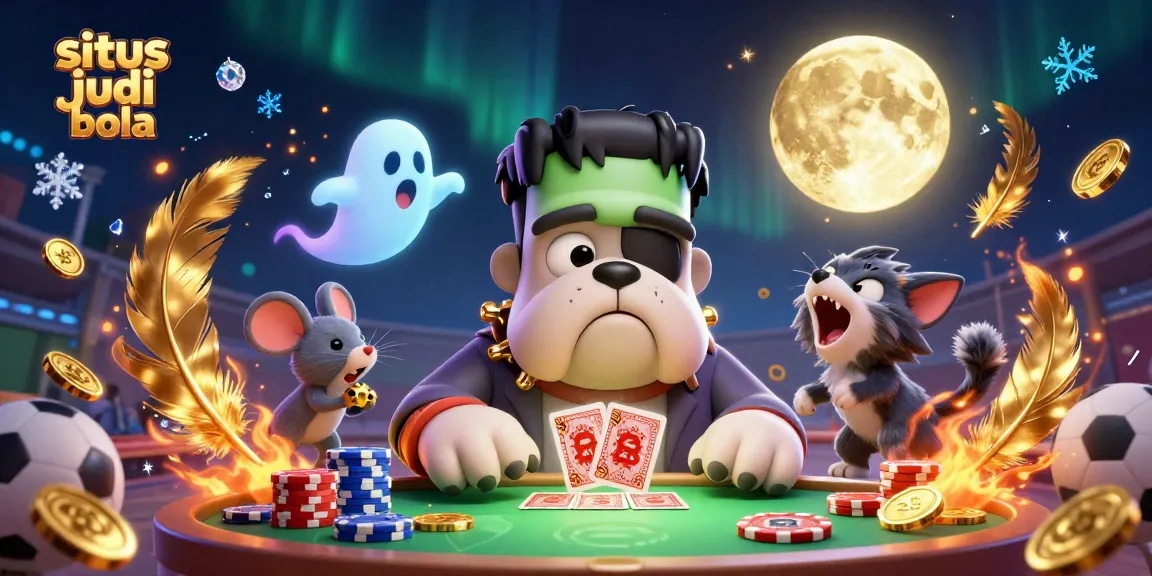 Engage with situs judi bola in an action-packed fantasy gaming scene featuring a bulldog dealer and thrilling sports elements.