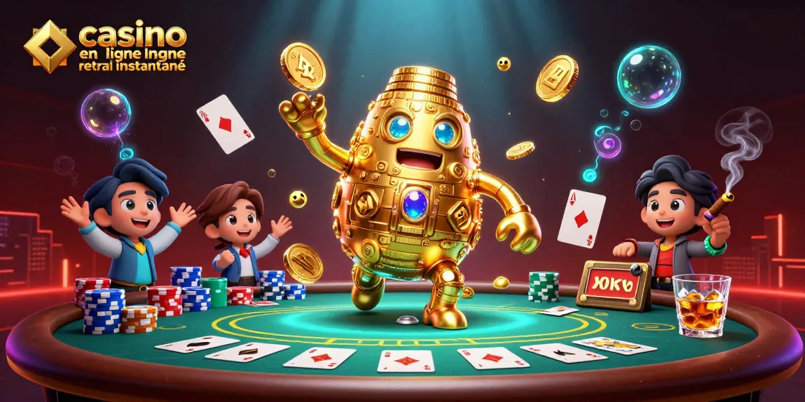 Une illustration de casino en ligne retrait instantané mettant en valeur un golem doré animé entouré de tables de poker et de jetons colorés.
