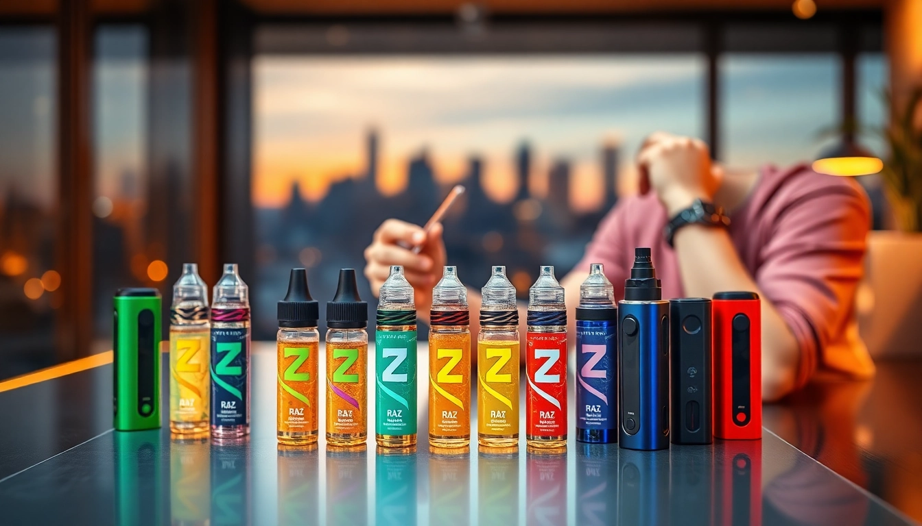 Indulging in raz flavors with colorful vape devices elegantly arranged on a table.