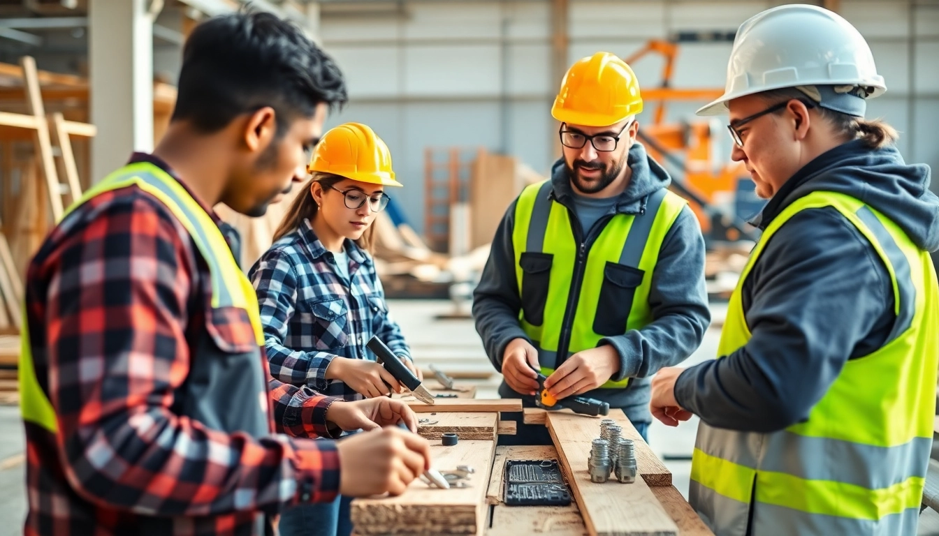 Engaged apprentices participating in a construction apprenticeship training session, learning hands-on skills.