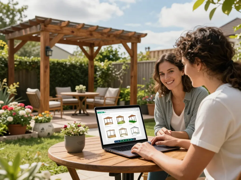 Couple using an online pergola configurator to design their outdoor space in a vibrant garden.