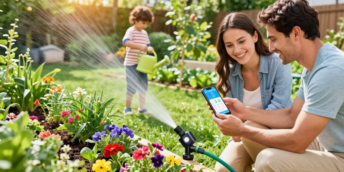 Efficient watering with RainPoint WiFi water timer, family gardening in vibrant backyard.