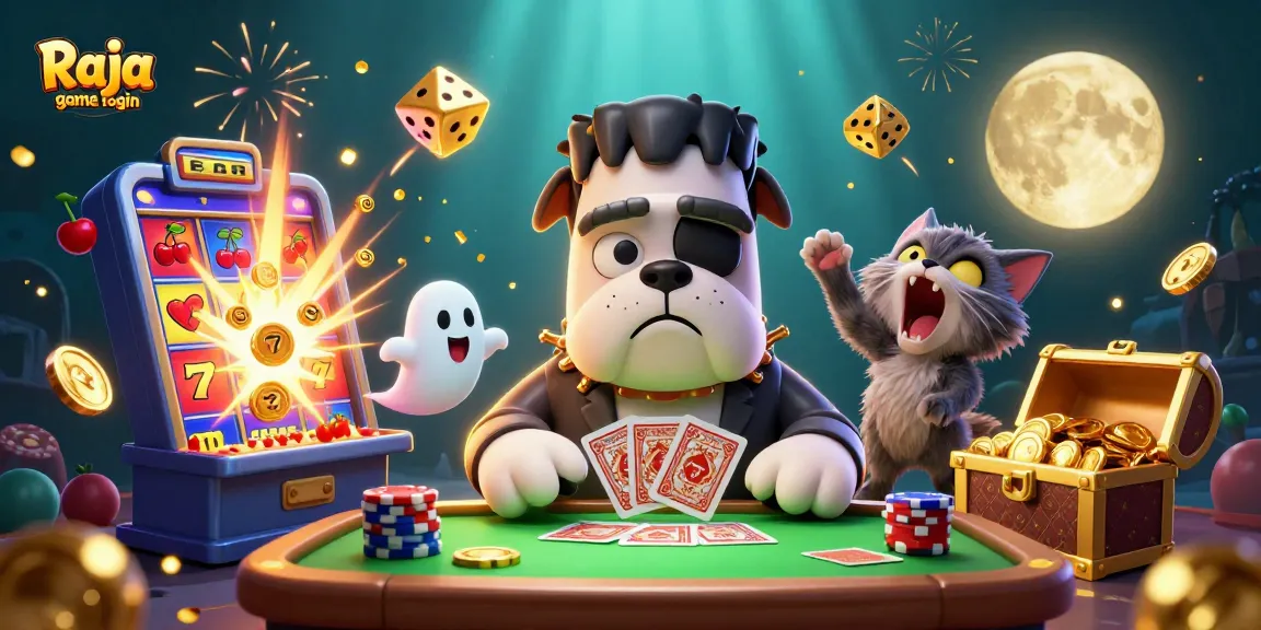 Experience the thrill of Raja game login as a bulldog monster deals cards amidst dynamic casino elements.