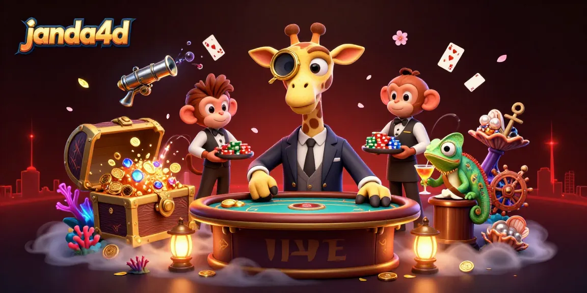Janda4d menghadirkan momen seru dengan giraffe pemain poker dan monkey valet di meja VIP.