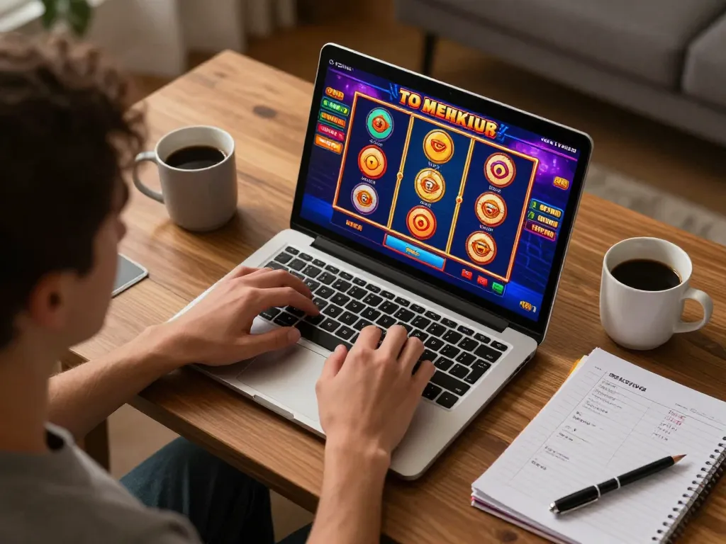 Engaging player spinning slot games online on a laptop at home with strategy notes nearby.