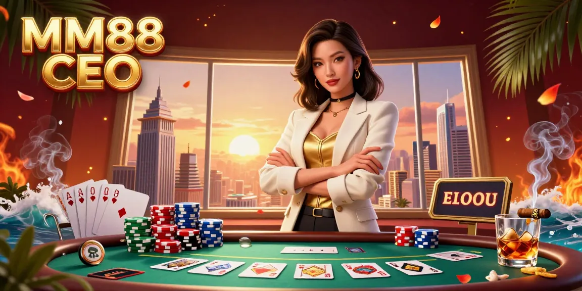 Engage in high-stakes gambling with MM88 CEO, featuring a powerful Asian businesswoman and dynamic poker elements.