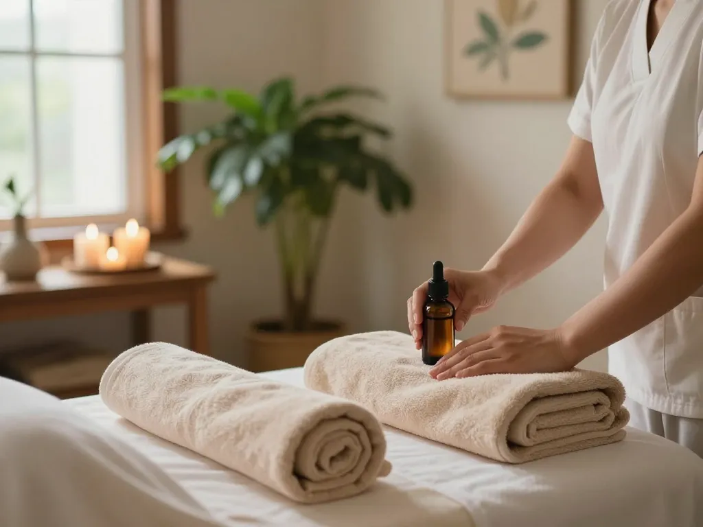 Relaxing 삼산동마사지 session with a therapist preparing essential oils in a tranquil spa environment.