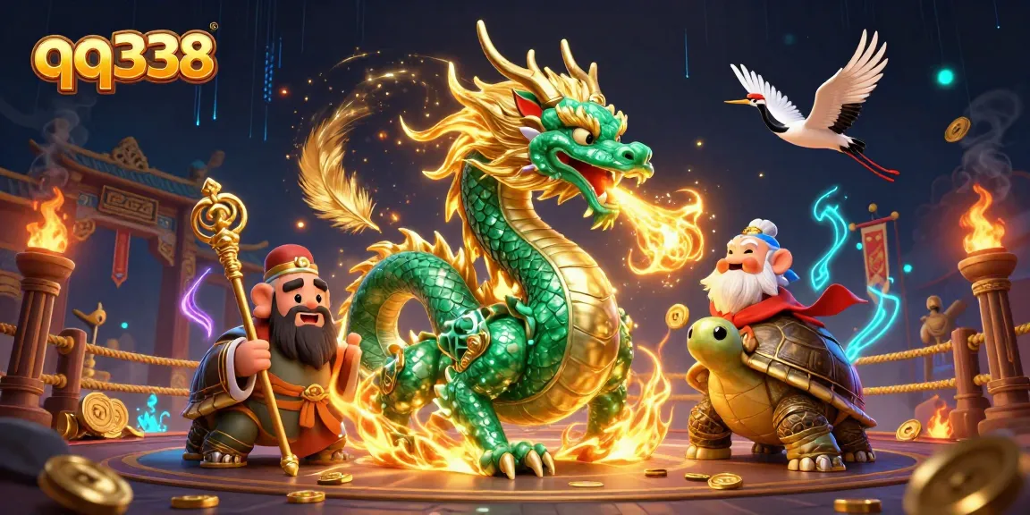 Engage in thrilling gameplay with QQ338 as an emerald dragon and turtle sage dominate the casino arena.