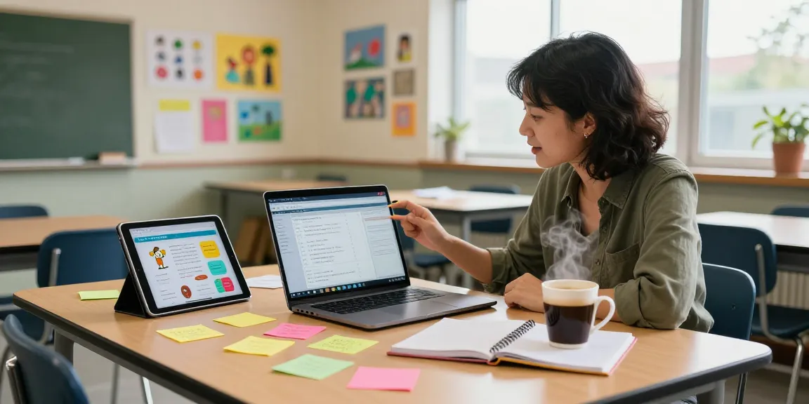 Teacher using an online teacher planner, EMStudio, in a vibrant classroom setup, enhancing classroom management.