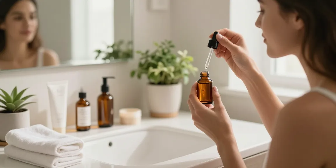 Aplicarea serului facial într-o baie luminoasă cu produse de îngrijire a pielii.