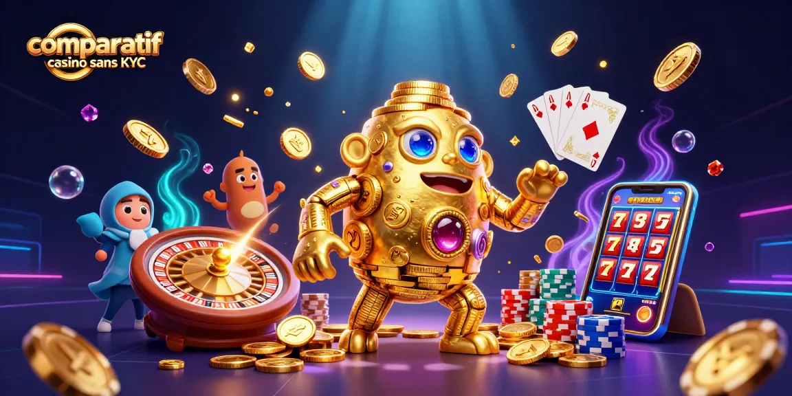 Comparatif casino sans KYC : précieux jeux de casino entourés de pièces d'or scintillantes.