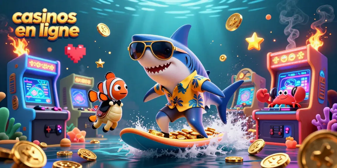Plongez chez casinos en ligne avec un requin en 3D surfant des pièces d'or et un poisson clown en smoking.