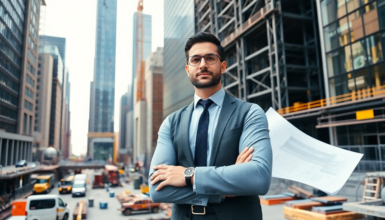 New York City Construction Manager overseeing a busy construction site with architectural plans.