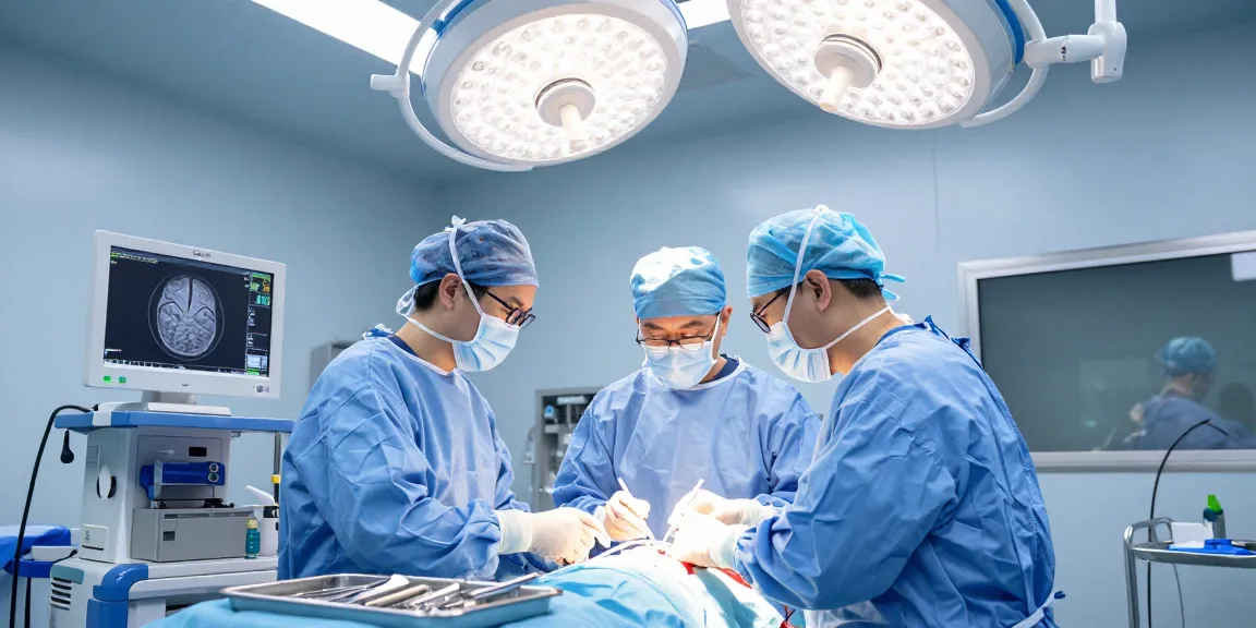 Beyin ameliyatı in a modern surgical setting with a focused team of surgeons performing an intricate operation, showcasing advanced medical technology and patient care.