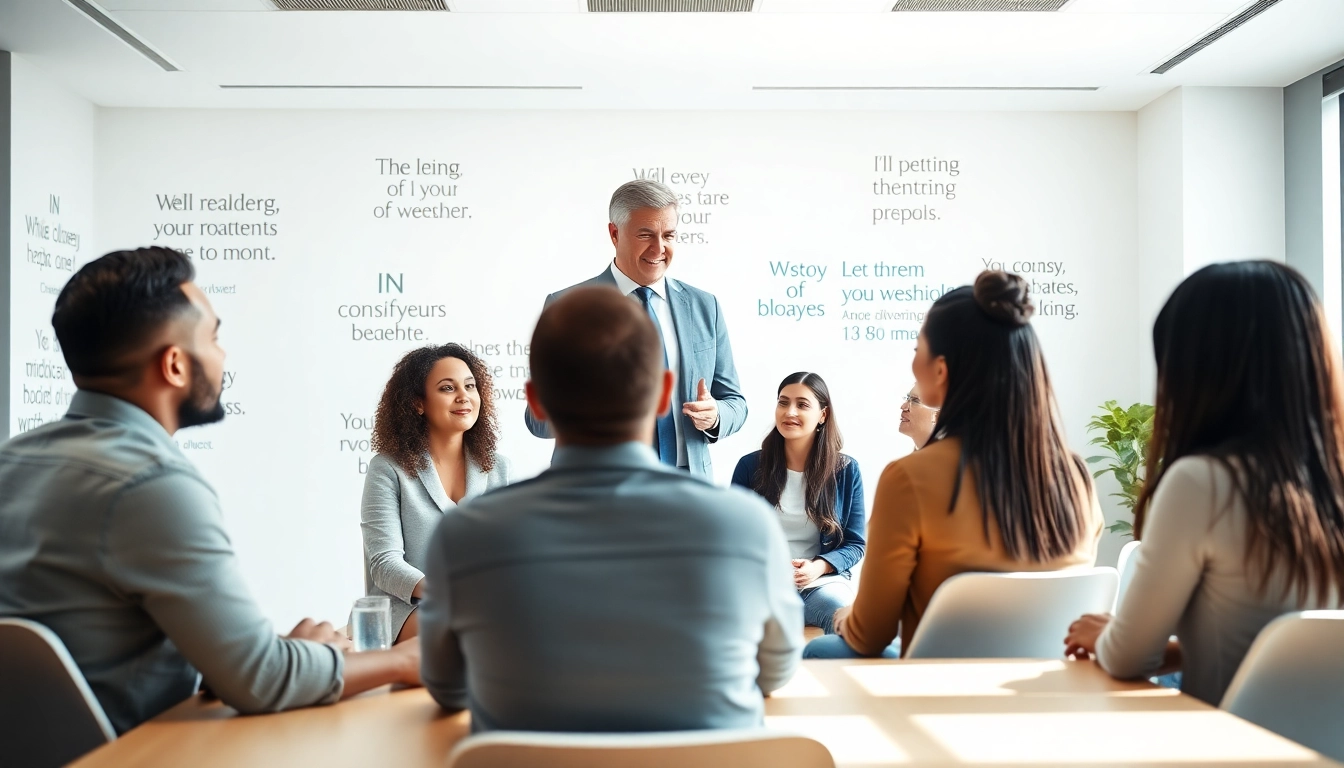 Leadership coach guiding clients through an engaging discussion in a professional setting.